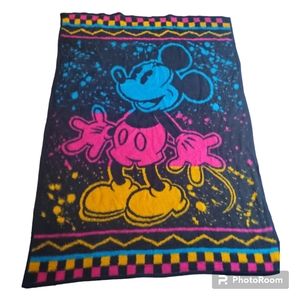 Vintage Disney 1980's Biederlack Blanket Neon Mickey Mouse Reversable